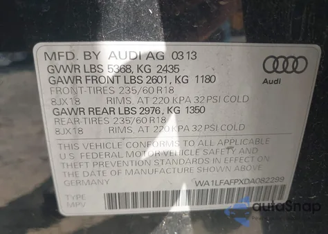 2013 Audi Q5 2.0T Premium из США, поврежденный, VIN WA1LFAFPXDA082299